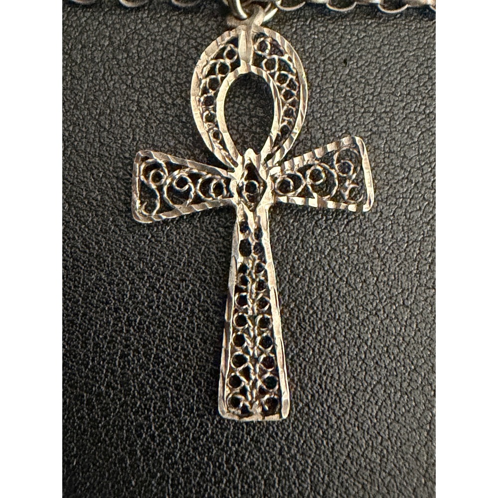Vintage Sterling Silver Ankh Necklace Filigree Egyptian Revival Rolo 20"